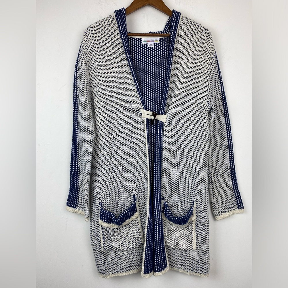 Cotton Country size Small Petite Women’s Blue White Hooded Cardigan Sweater
